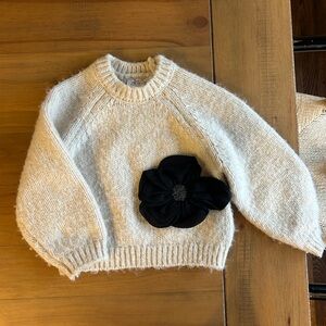 Zara Cream Knit Crewneck Sweater with Black Flower